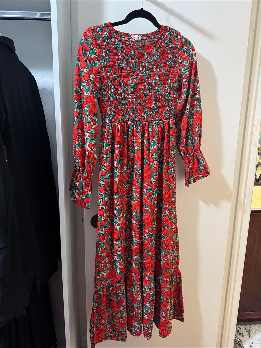 Red Floral Long Sleeve Smocked Maxi Dress